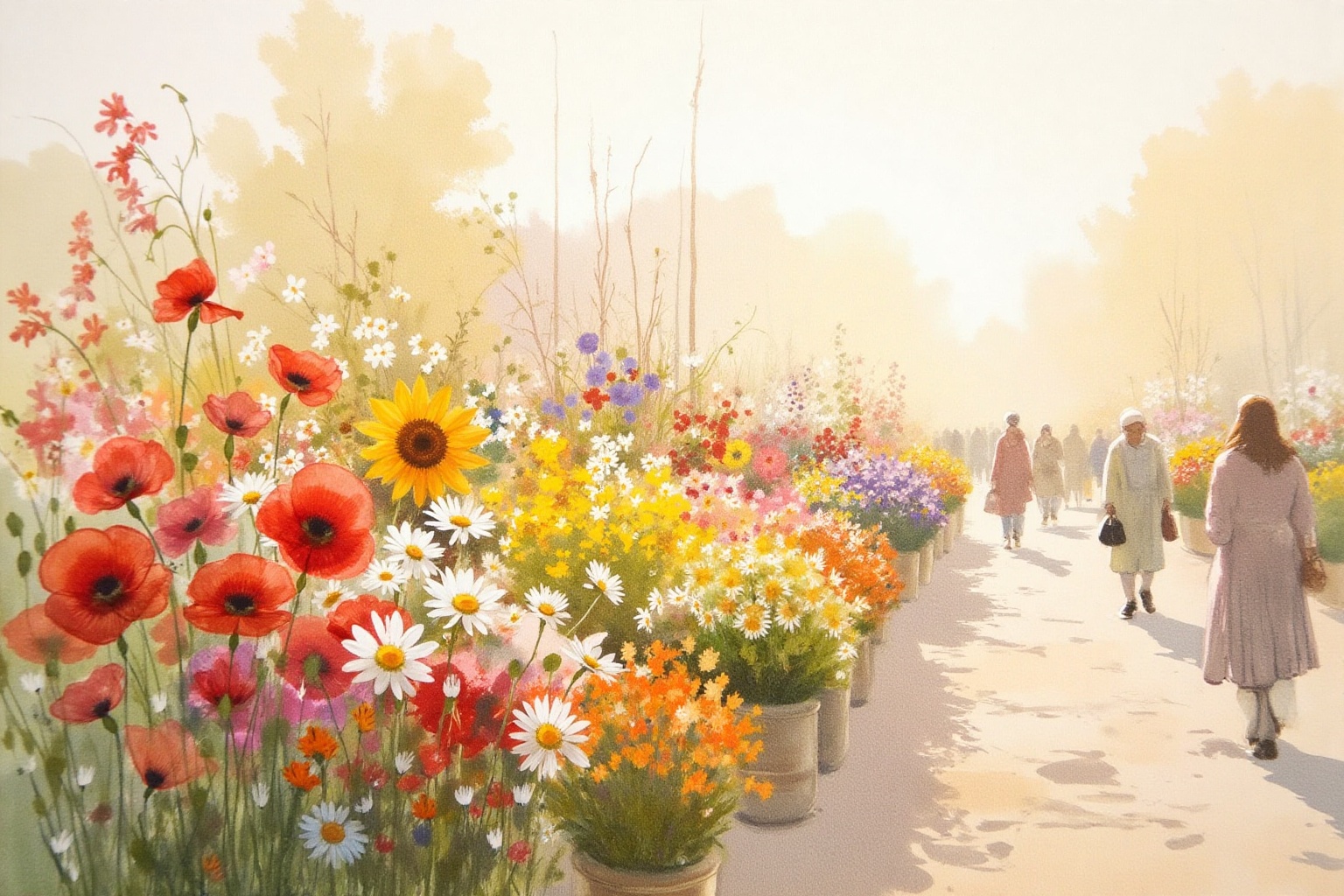 A vibrant flower market at dawn in aurelle style. Loose,  free brushstrokes create colorful flowers bursting with life—pop...