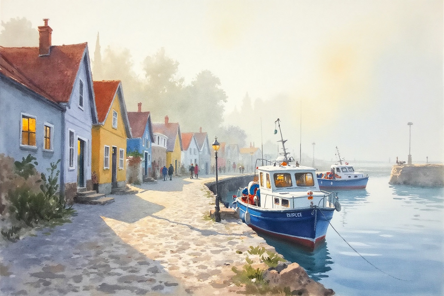 A peaceful harbor street in aurelle style,  bathed in the soft morning light. Quaint,  colorful houses line the cobbleston...