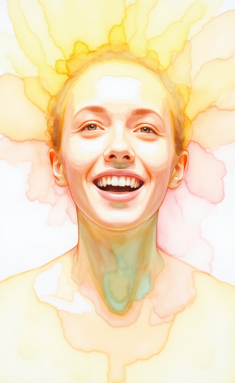 An abstract watercolor portrait in aurelle style,  radiating pure joy. The face of a smiling figure is painted with loose,...