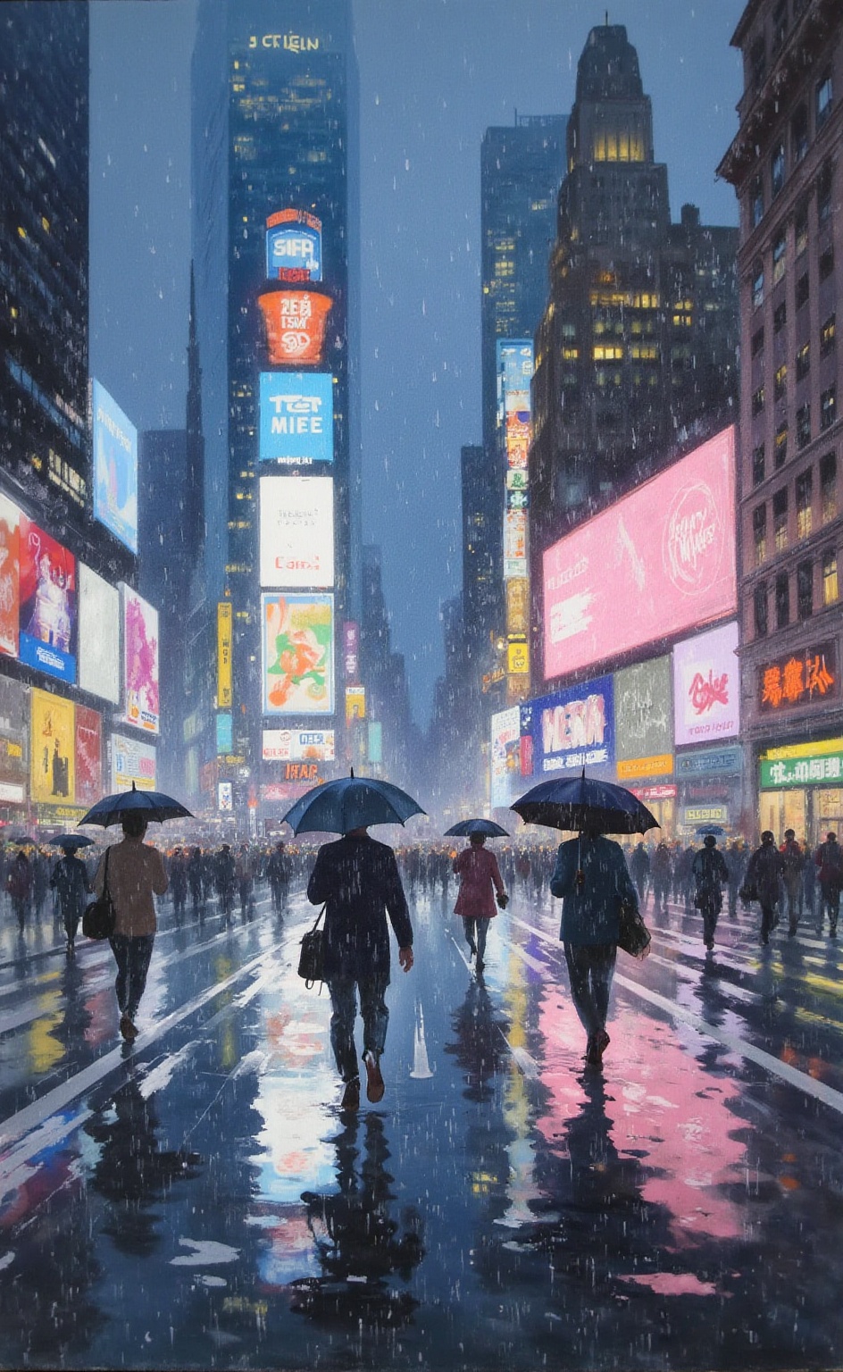 A dynamic rainy cityscape at night in aurelle style. Controlled,  precise brushstrokes create glowing reflections of neon...