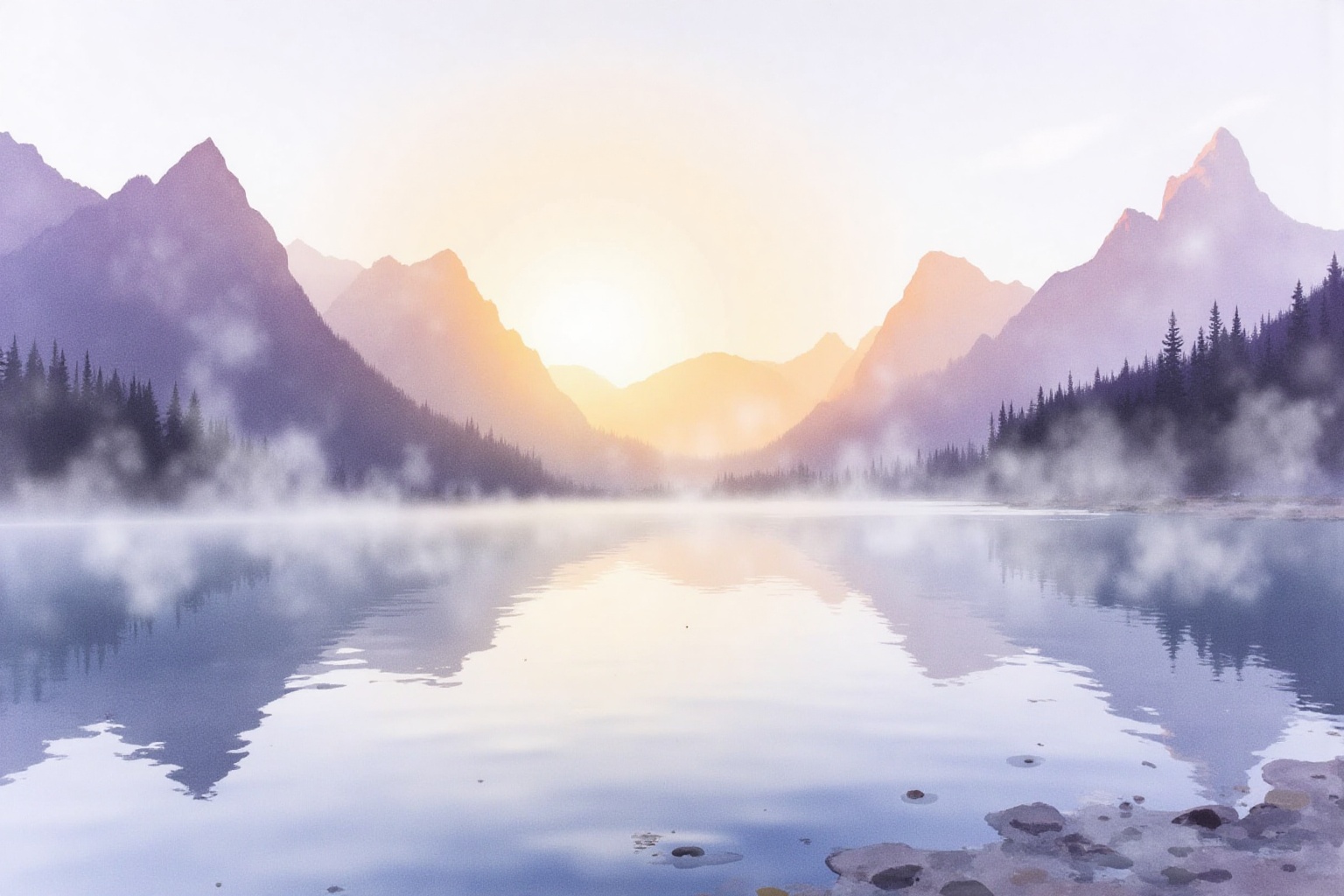 A tranquil mountain lake at sunrise in aurelle style. Soft gradients transition from deep violet at the horizon to golden...