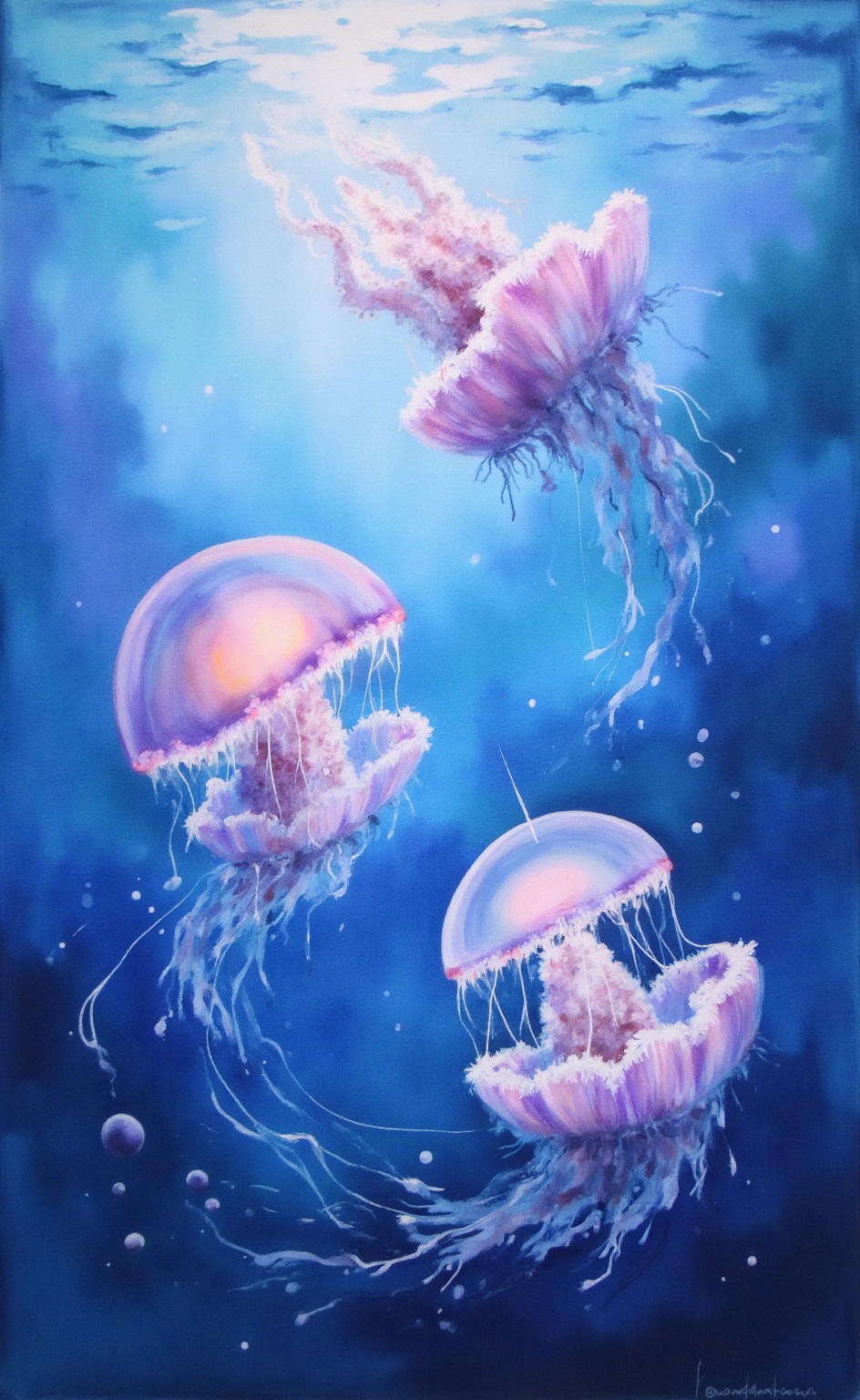 An abstract underwater scene in aurelle style,  featuring ethereal jellyfish drifting in a glowing ocean. Their tentacles...