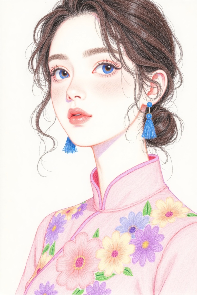 a medium-sized Asian woman is depicted in a close-up shot. She is dressed in a light pink silk dress adorned with a floral...
