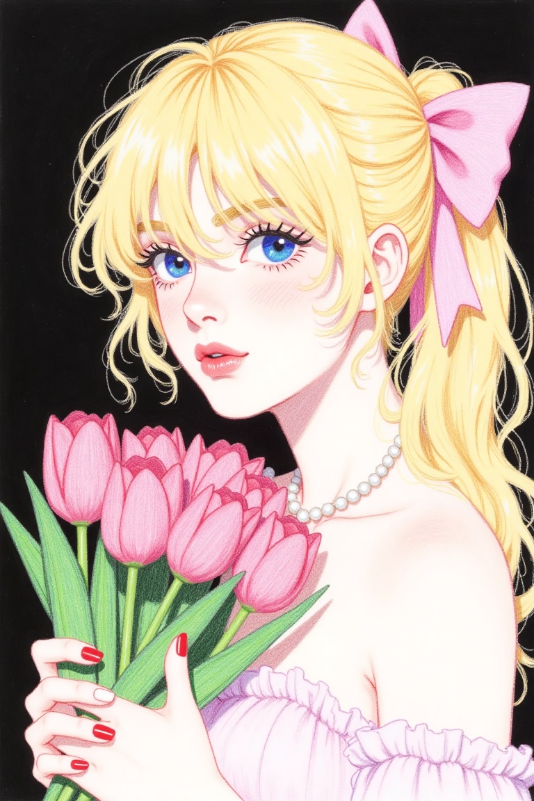An animated portrait of a blonde haired woman with blue eyes and pink lips. Her blonde hair is tied back in a ponytail wit...