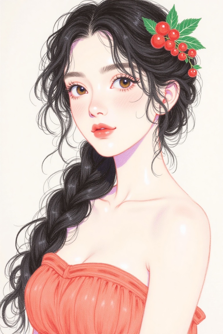 a medium-sized Asian woman with long black hair,  wearing a salmon colored strapless dress,  adorned with berries on her s...