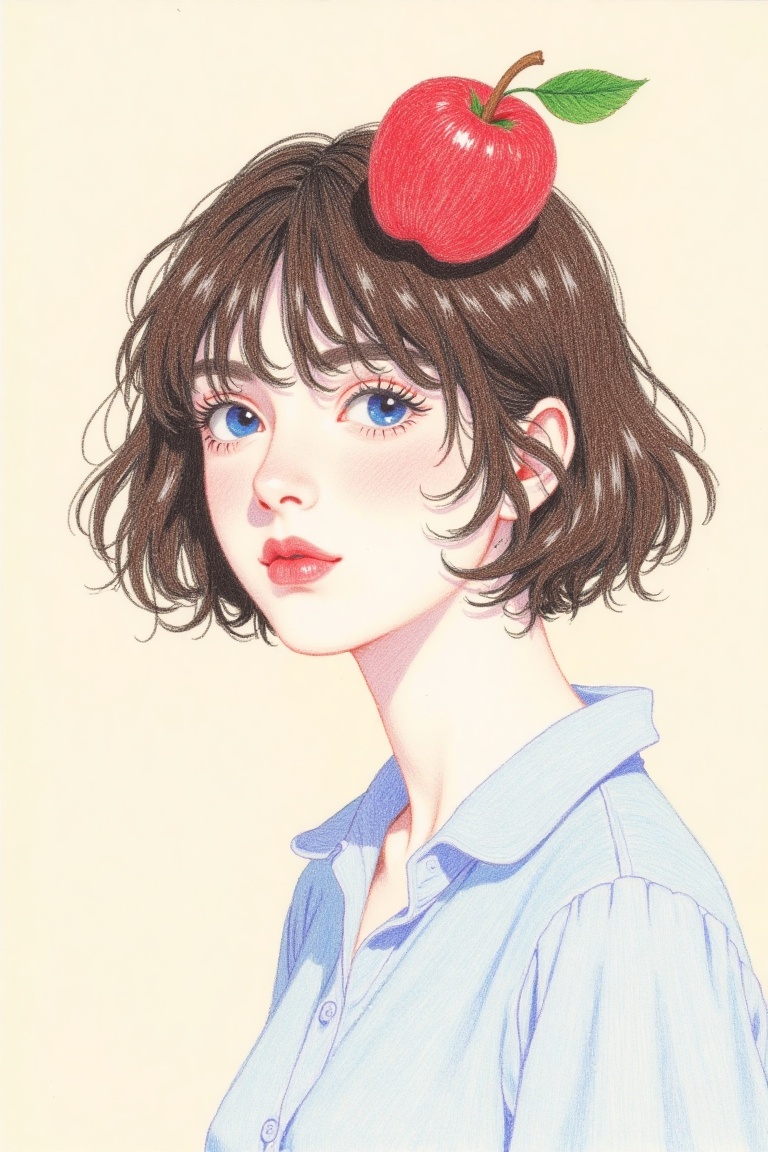 a woman with short dark brown hair,  wearing a light blue blouse,  is stunning against a cream-colored backdrop. She is ad...