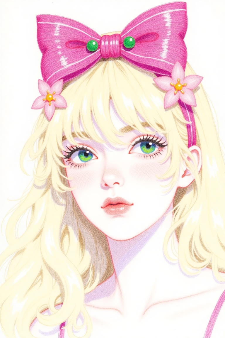 a medium-angle shot of a woman's face is adorned with a vibrant pink bow,  adorned with two green pearls and two pink flow...