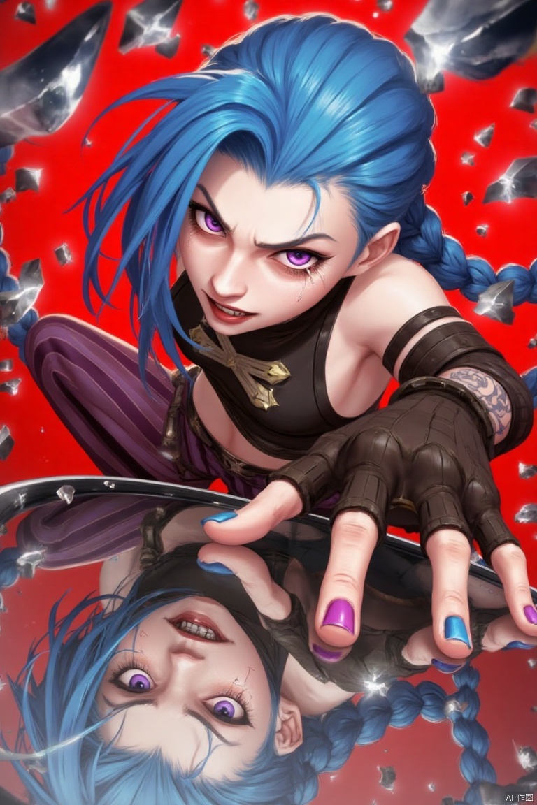 1girl, long hair, looking at viewer, bangs, blue eyes, multiple girls, gloves, holding, 2girls, bare shoulders, very long hair, blue hair, purple eyes, braid, teeth, striped, pants, tears, fingerless gloves, pink eyes, nail polish, twin braids, crop top, tattoo, red background, pink nails, brown gloves, blue nails, reflection, mirror, asymmetrical bangs, glass, broken glass, striped pants, jinx \(league of legends\)