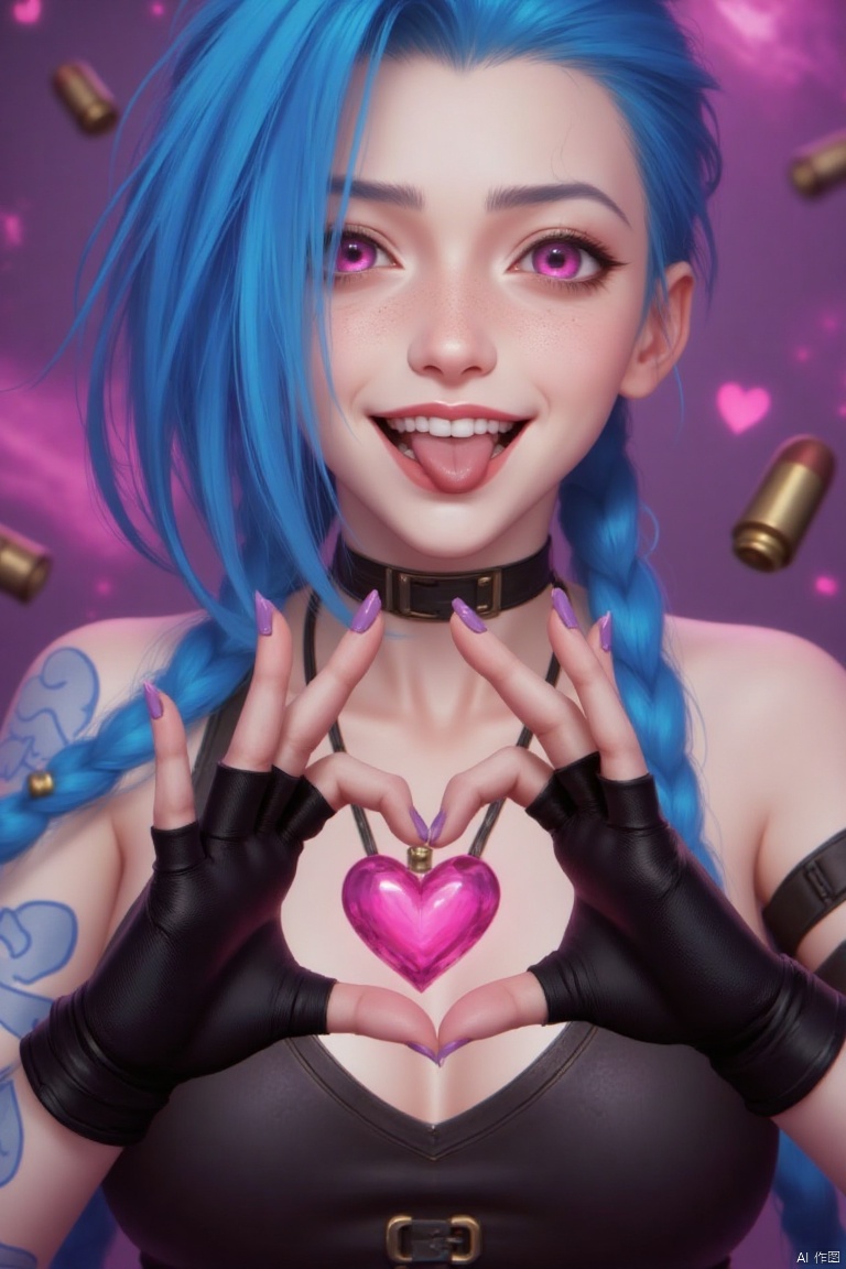 1girl, solo, long hair, breasts, looking at viewer, smile, bangs, gloves, jewelry, blue hair, upper body, braid, heart, small breasts, teeth, choker, tongue, black gloves, tongue out, fingerless gloves, pink eyes, necklace, nail polish, hair over one eye, blurry, twin braids, tattoo, depth of field, blurry background, pendant, asymmetrical bangs, heart hands, bullet, jinx \(league of legends\)