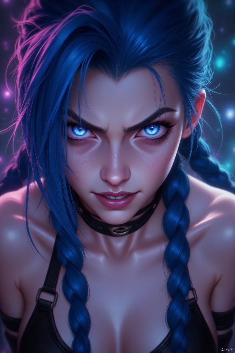 1girl, solo, long hair, looking at viewer, bangs, blue eyes, bare shoulders, blue hair, braid, teeth, shiny, blurry, twin braids, glowing, portrait, glowing eyes, jinx \(league of legends\)