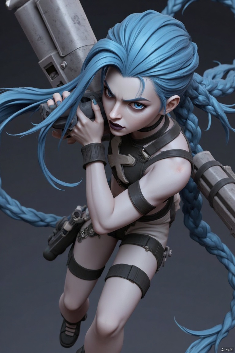Create a hyper-realistic ceramic sculpture of Jinx of League of Legends, with blue long hair, captured in a dynamic pose. Standing full body, made of marble. She is elegantly poised, drawing a beautifully carrying her gun and bazooka. Her large, expressive eyes focus intently, adding depth to her determined expression. Her hair, sculpted in flowing, intricate strands, dances with her movement. highlights her heroic presence.,Hand,Hyperrealism &Surrealism,AniReal,8trang