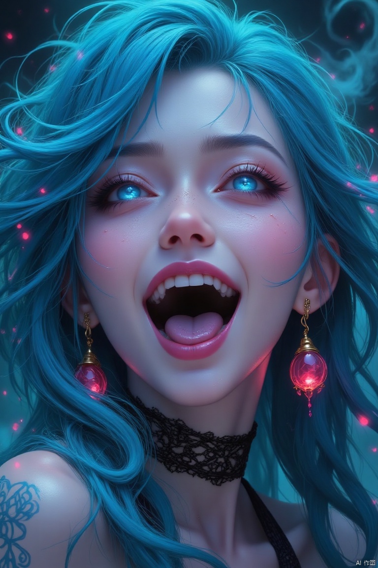 
fashion shoot, perfect zoomed-in closeup portraiture, beautiful chinese goddess,((light indigo hair)) perfect sweet face and glowing blue eyes, open mouth playful tongue, sensational alluring expression, multicolor peacock feather jewellery, teal smoky, smokes, smoky trail, Miki Asai Macro photography, long flowing teal and pink hair, Fantastic Realism and Sharp Focus, Mysterious fantasy Filigree Elements, filigree red drops, futuristic vibrant filigree multicolored jewellery, veiled chantilly lace, Glowing Accents, fantasy art, golden natural appearance, symmetrical, glowing gems, sci-fi jewellery