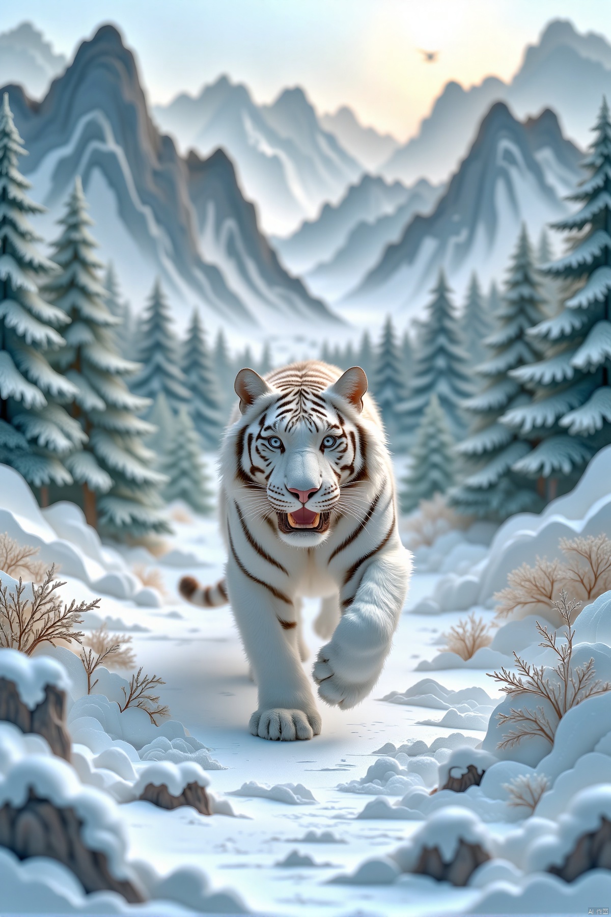 zhidiaoshanshui,(best quality,4k,8k,highres,masterpiece:1.2),ultra-detailed,(realistic,photorealistic,photo-realistic:1.37),white tiger running in a snowy field,low angle view,natural landscape,pure white fur,icy gaze,hunting alone,snow-covered forest,snowflakes falling on snow-capped mountains,white and gray blue tones,soft winter sunlight,natural style,delicate fur,soft colors,winter light and shadow,realistic motion capture,layered,leaping towards the viewer,dynamic pose,menacing,monochrome,ink splash effect,dynamic,powerful,artistic brushstrokes,ferocious