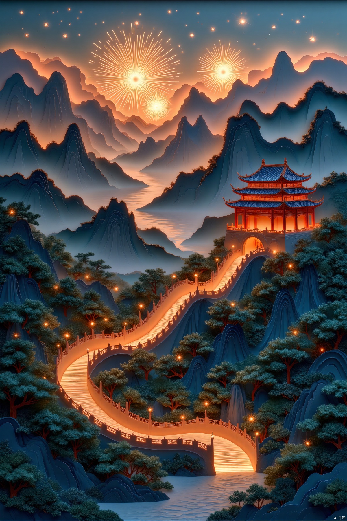 zhidiaoshanshui,(night,Great Wall of China,fireworks,spectacular,grandeur,traditional craftsmanship,golden light,aerial view,award-winning masterpiece,ultra HD,enhanced clarity,enhanced details),(best quality,4k,8k,highres,masterpiece:1.2),ultra-detailed,(realistic,photorealistic,photo-realistic:1.37),HDR,UHD,studio lighting,ultra-fine painting,sharp focus,physically-based rendering,extreme detail description,professional,vivid colors,bokeh,night photography,panoramic view,wide-angle,celebration,Chinese architecture,scenic,beautiful landscape,atmospheric lighting,dramatic sky,starlit night,nighttime scenery,cultural heritage,iconic landmark,ancient structure,festive atmosphere