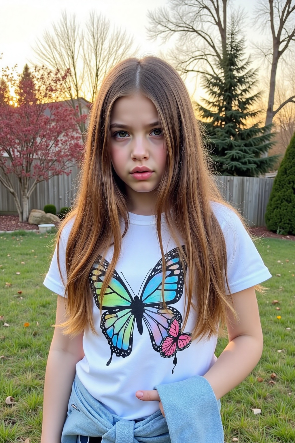 A high-resolution photograph of a 7 year old young girl standing outdoors during the golden hour,  the time just before su...