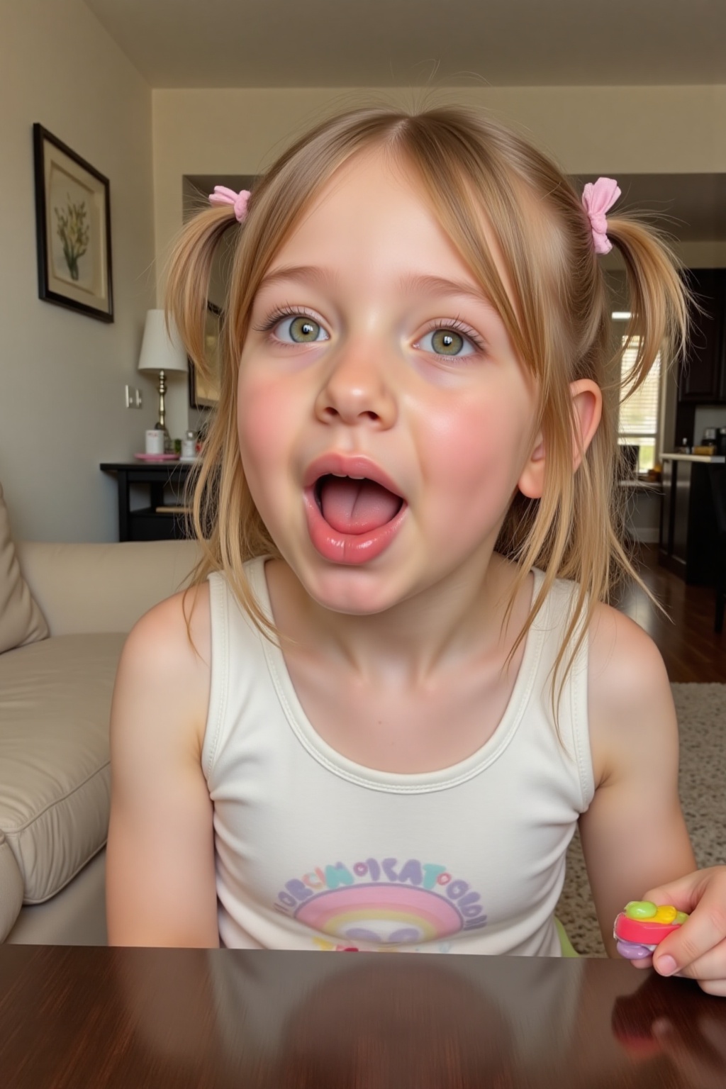 This is a high-resolution photograph of an 8 year old young girl,  captured from a close-up angle. She has fair skin and l...