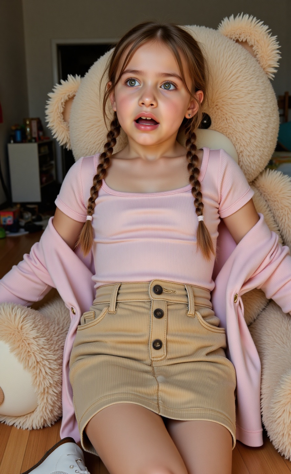 A high-resolution photograph featuring a 9 year old young girl in an indoor setting. The girl is scared,  with her eyes wi...