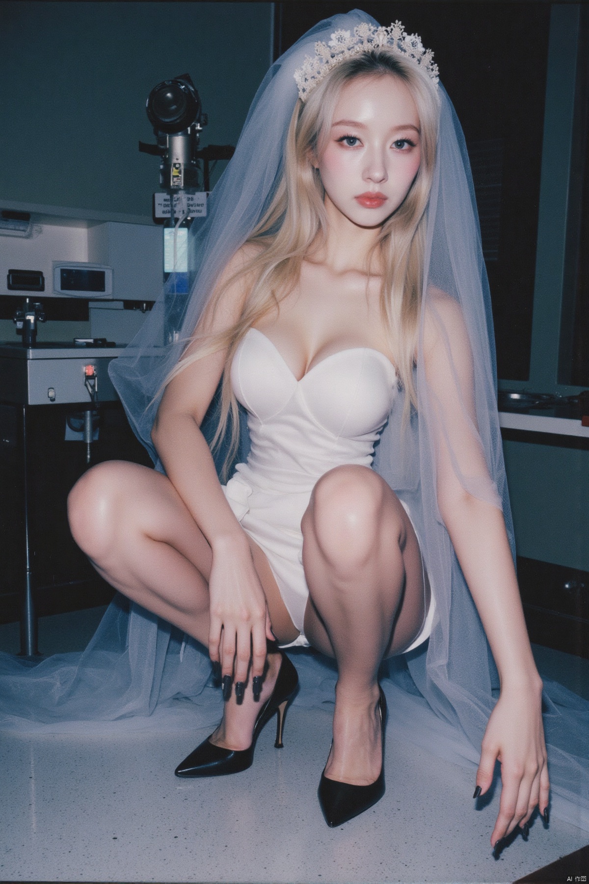 (Polaroid style), 1girl, long hair, fair skin, big breasts, wedding dress, shiny pantyhose, long legs, high heels, squatting, night, hospital, blood, needle, smile,