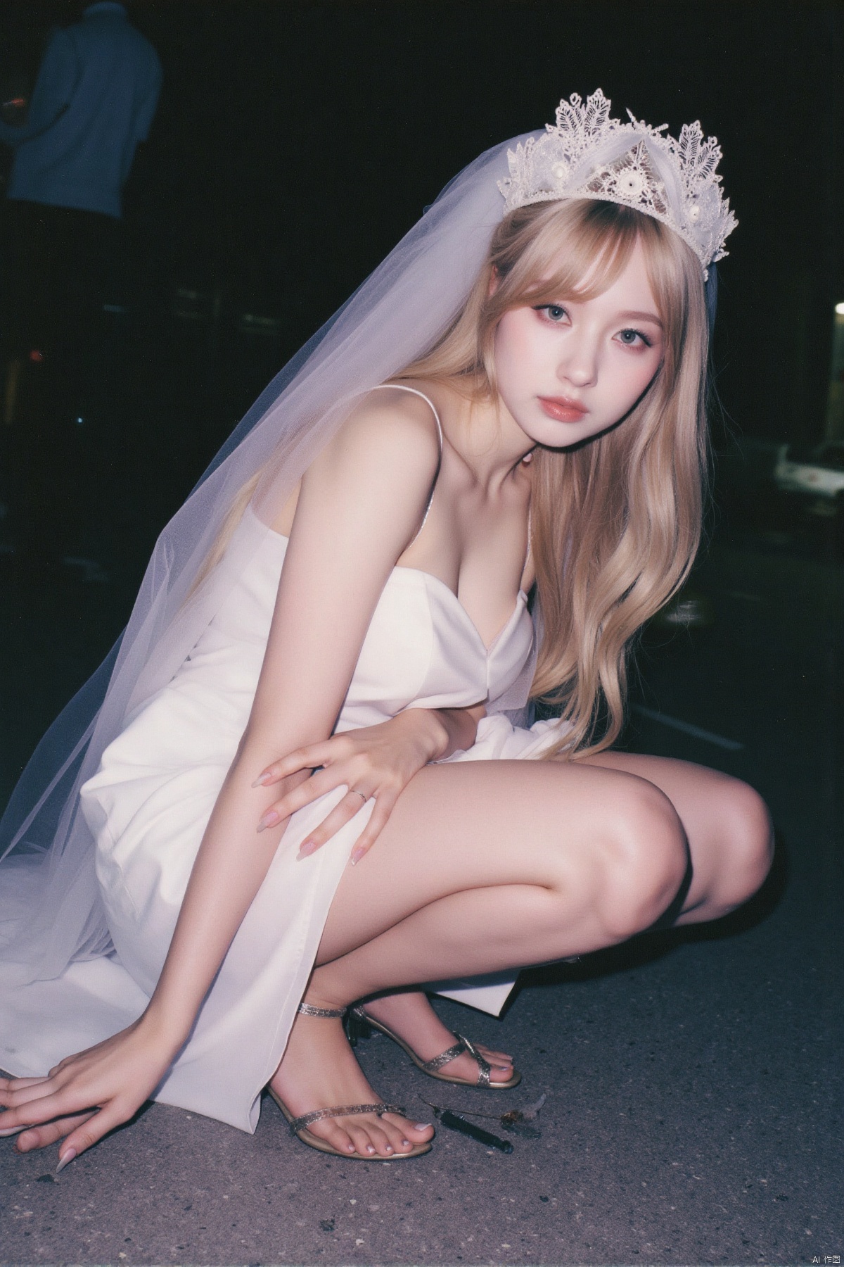 (Polaroid style), 1girl, long hair, fair skin, big breasts, wedding dress, shiny pantyhose, long legs, high heels, squatting, night, hospital, blood, needle, smile,