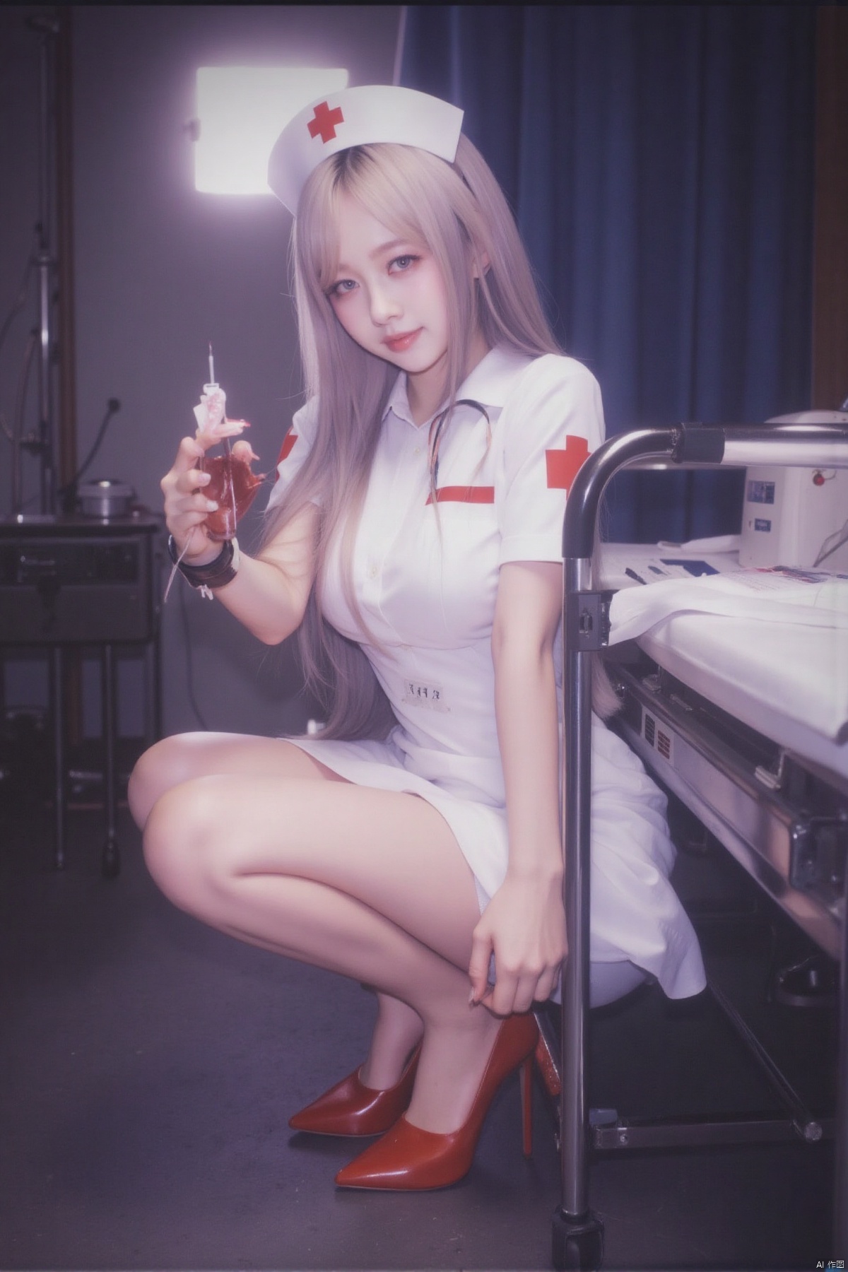 (Polaroid style), 1girl, long hair, fair skin, big breasts, nurse, short pencil skirt, long legs, red high heels, squatting, night, hospital, blood, needle, smile,