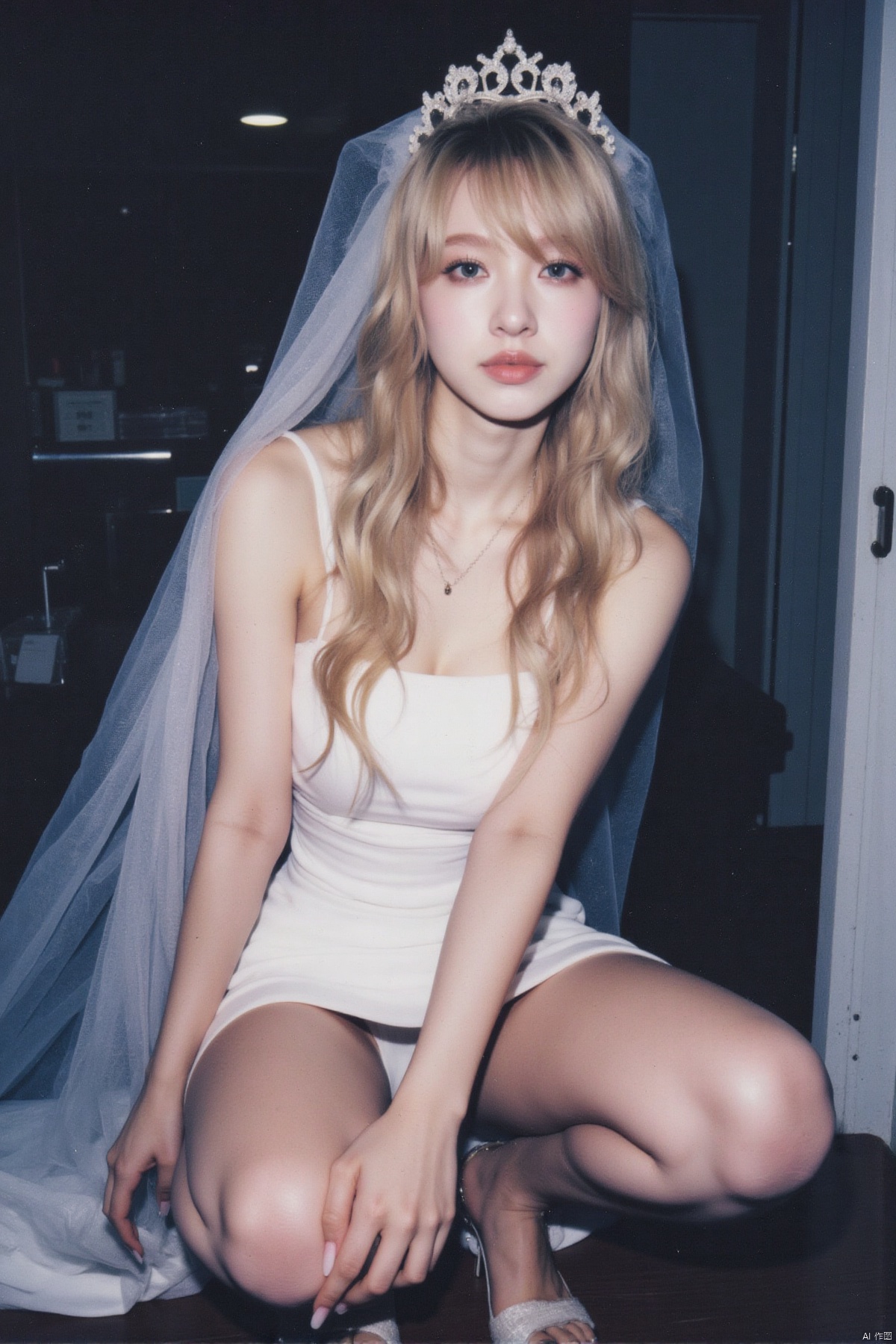 (Polaroid style), 1girl, long hair, fair skin, big breasts, wedding dress, shiny pantyhose, long legs, high heels, squatting, night, hospital, blood, needle, smile,