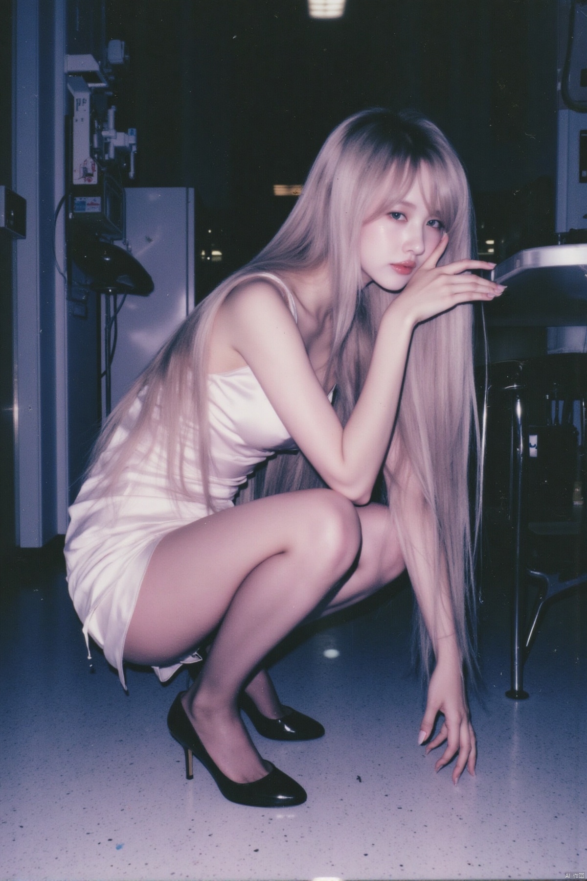 (Polaroid style), 1girl, long hair, fair skin, big breasts, short cheongsam, shiny pantyhose, long legs, high heels, squatting, night, hospital, blood, needle, smile,