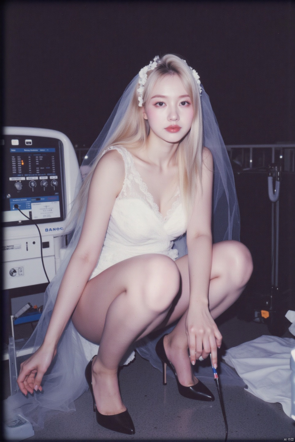 (Polaroid style), 1girl, long hair, fair skin, big breasts, wedding dress, shiny pantyhose, long legs, high heels, squatting, night, hospital, blood, needle, smile,