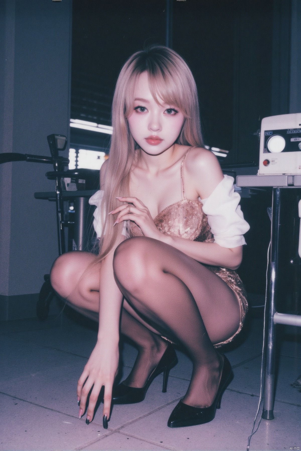 (Polaroid style), 1girl, long hair, fair skin, big breasts, short cheongsam, shiny pantyhose, long legs, high heels, squatting, night, hospital, blood, needle, smile,