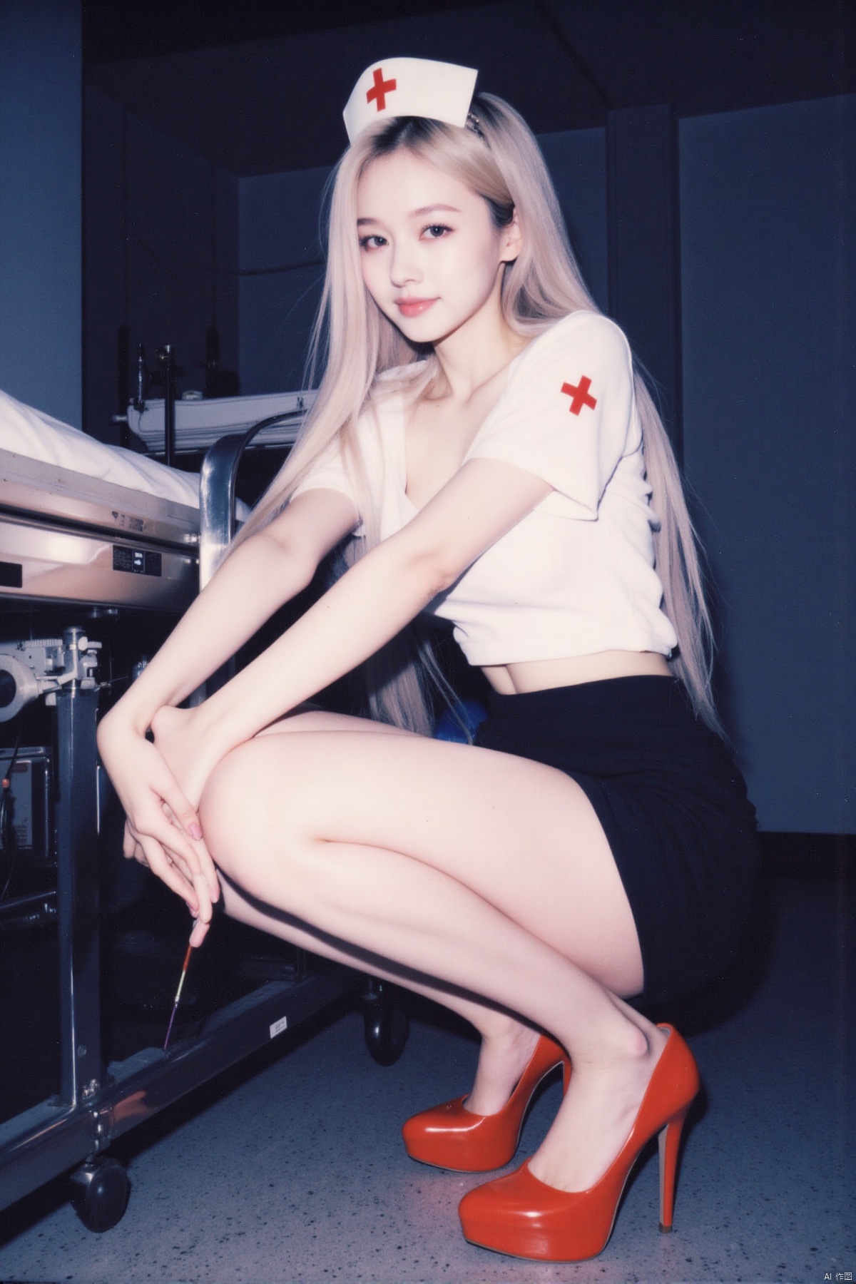 (Polaroid style), 1girl, long hair, fair skin, big breasts, nurse, short pencil skirt, long legs, red high heels, squatting, night, hospital, blood, needle, smile,