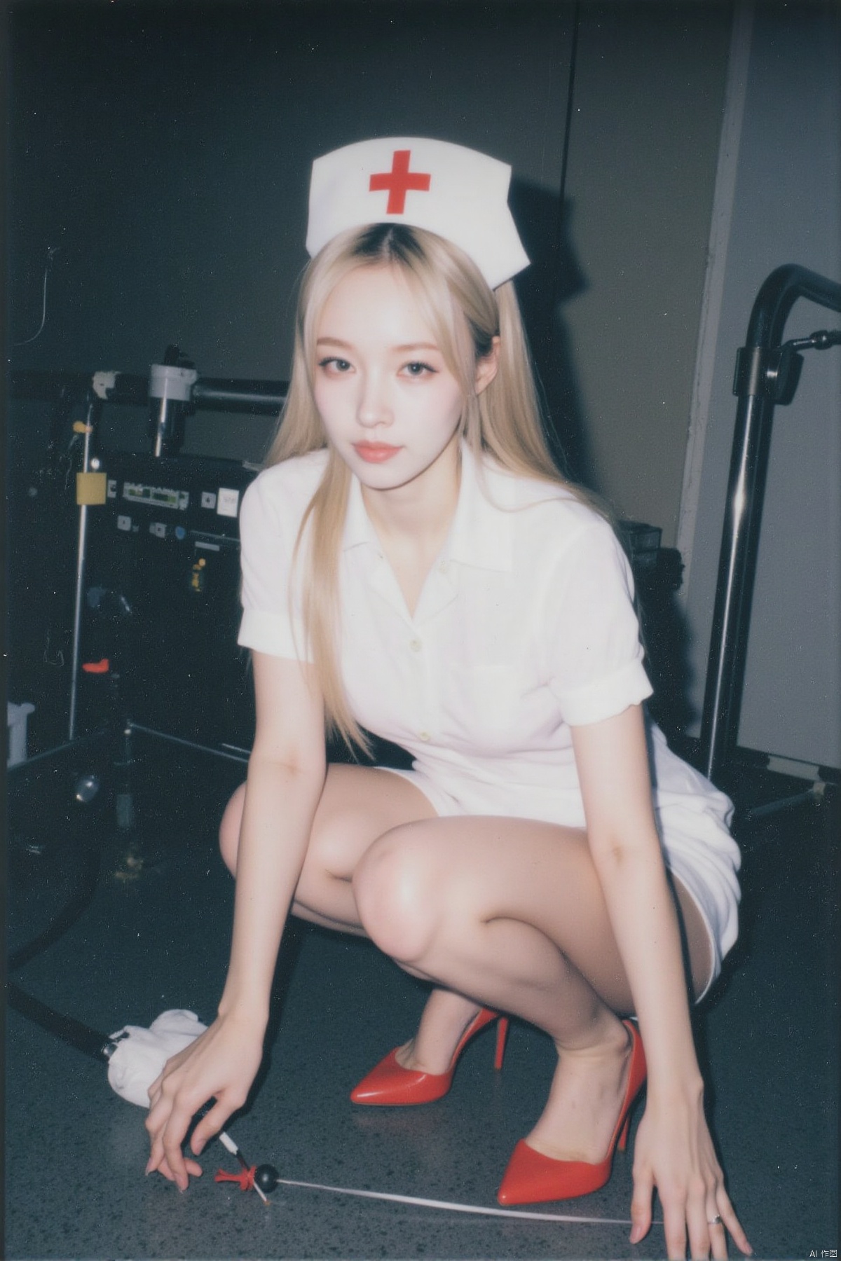 (Polaroid style), 1girl, long hair, fair skin, big breasts, nurse, short pencil skirt, long legs, red high heels, squatting, night, hospital, blood, needle, smile,