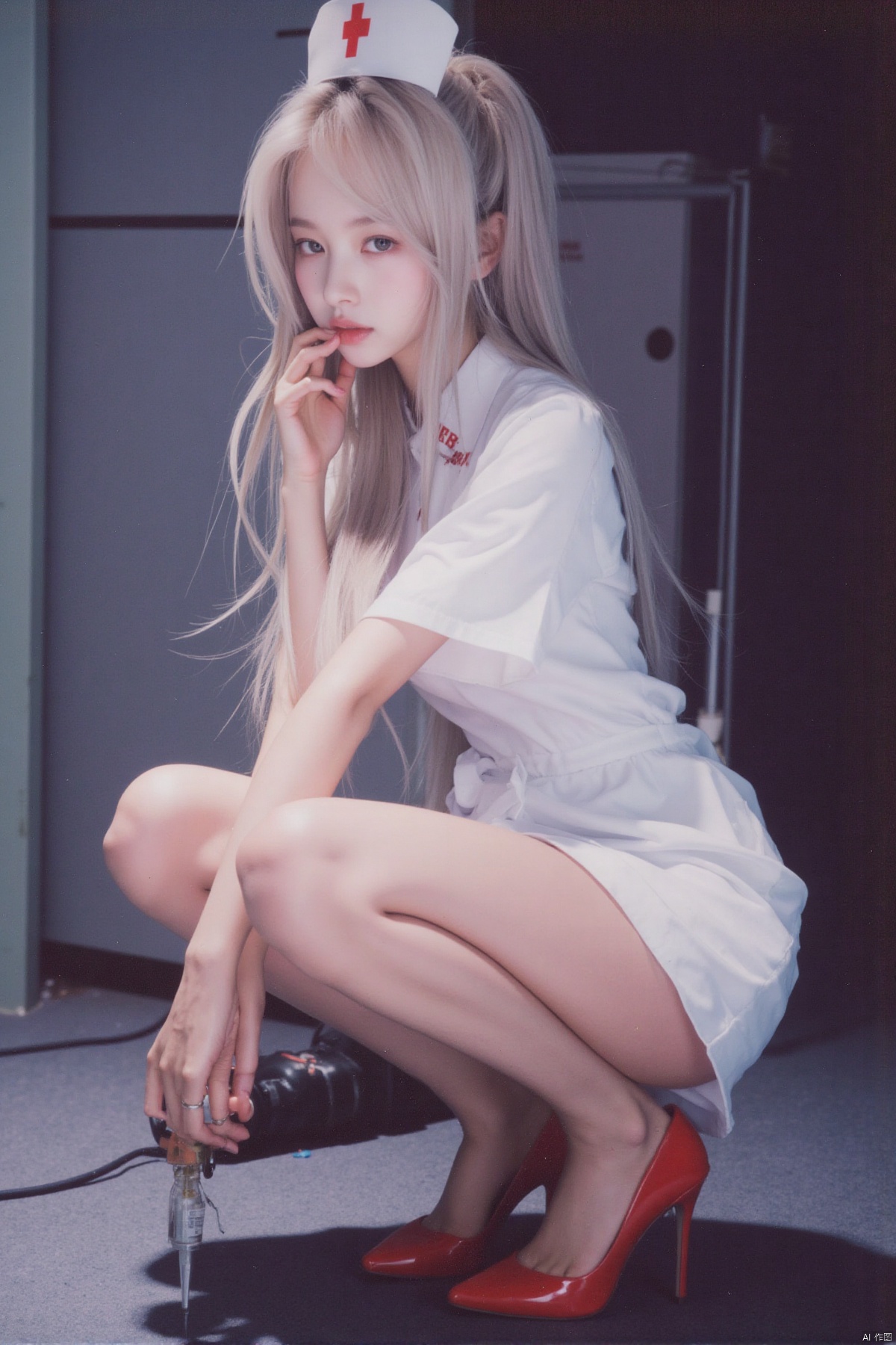 (Polaroid style), 1girl, long hair, fair skin, big breasts, nurse, short pencil skirt, long legs, red high heels, squatting, night, hospital, blood, needle, smile,