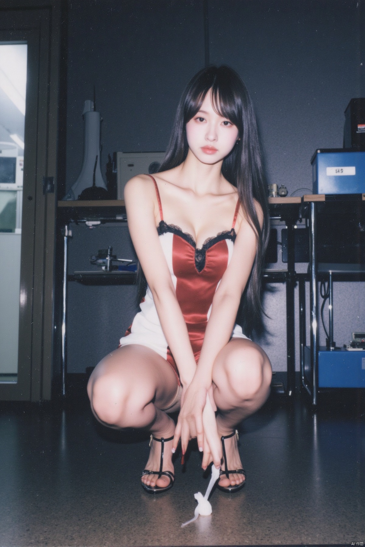 (Polaroid style), 1girl, long hair, fair skin, big breasts, short cheongsam, shiny pantyhose, long legs, high heels, squatting, night, hospital, blood, needle, smile,