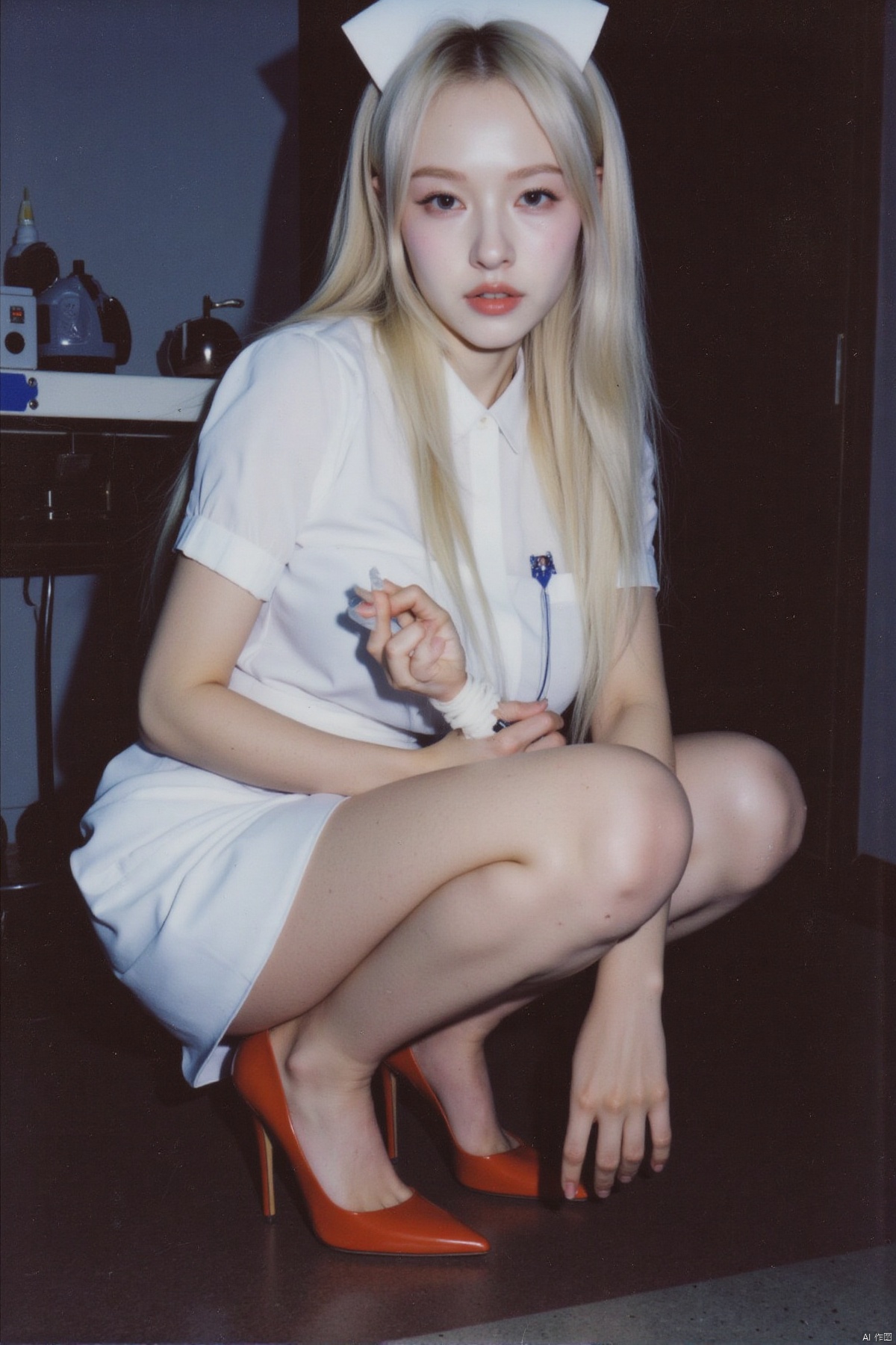 (Polaroid style), 1girl, long hair, fair skin, big breasts, nurse, short pencil skirt, long legs, red high heels, squatting, night, hospital, blood, needle, smile,