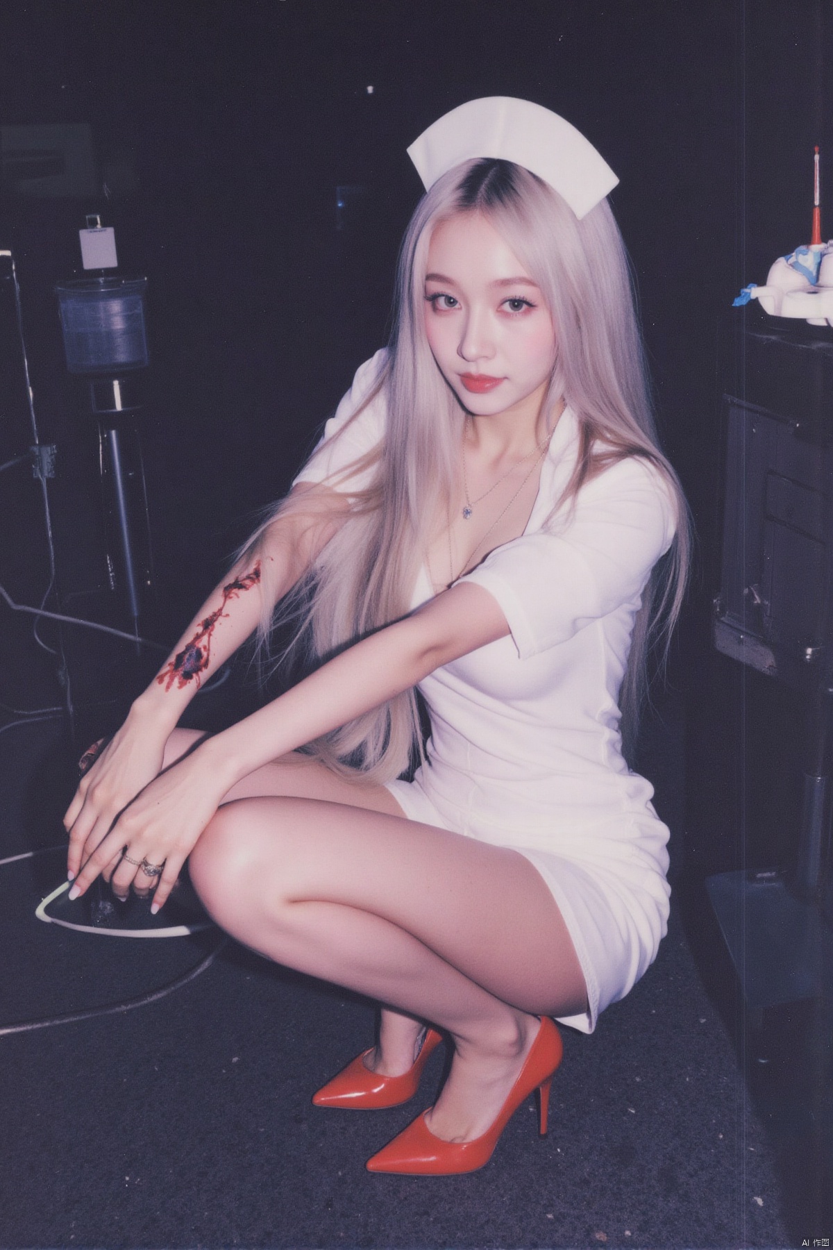 (Polaroid style), 1girl, long hair, fair skin, big breasts, nurse, short pencil skirt, long legs, red high heels, squatting, night, hospital, blood, needle, smile,