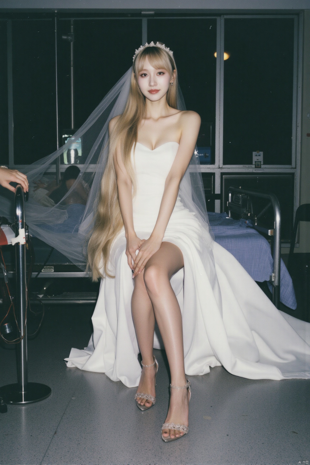 (Polaroid style), 1girl, long hair, fair skin, big breasts, wedding dress, shiny pantyhose, long legs, high heels, squatting, night, hospital, blood, needle, smile,