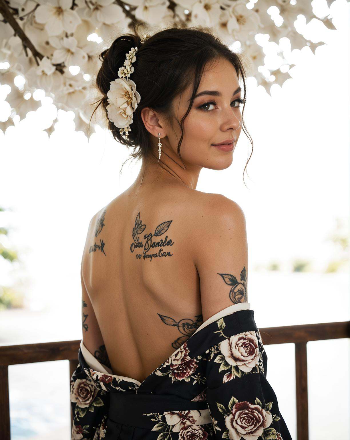 Japanese teenage girl,  floral kimono,  exposed shoulders on Tensor.Art