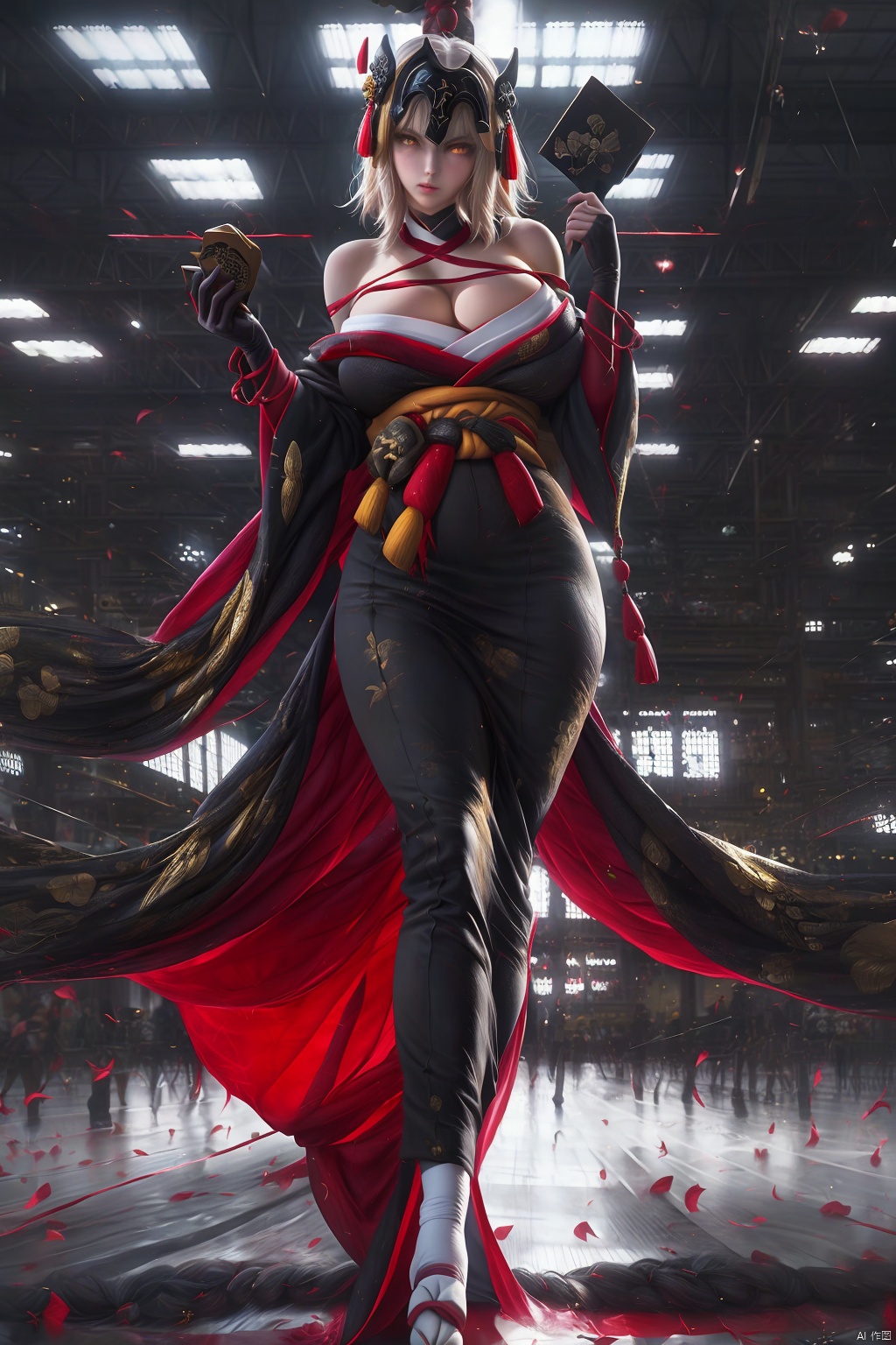 1girl
solo
breasts
looking at viewer
short hair
large breasts
hair ornament
holding
cleavage
bare shoulders
standing
full body
yellow eyes
white hair
japanese clothes
indoors
kimono
off shoulder
sash
mask
headpiece
tabi
black kimono
jeanne d'arc alter \(fate\)
jeanne d'arc alter \(avenger\) \(fate\)




