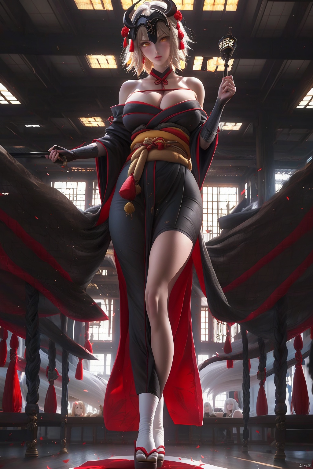 1girl
solo
breasts
looking at viewer
short hair
large breasts
hair ornament
holding
cleavage
bare shoulders
standing
full body
yellow eyes
white hair
japanese clothes
indoors
kimono
off shoulder
sash
mask
headpiece
tabi
black kimono
jeanne d'arc alter \(fate\)
jeanne d'arc alter \(avenger\) \(fate\)



