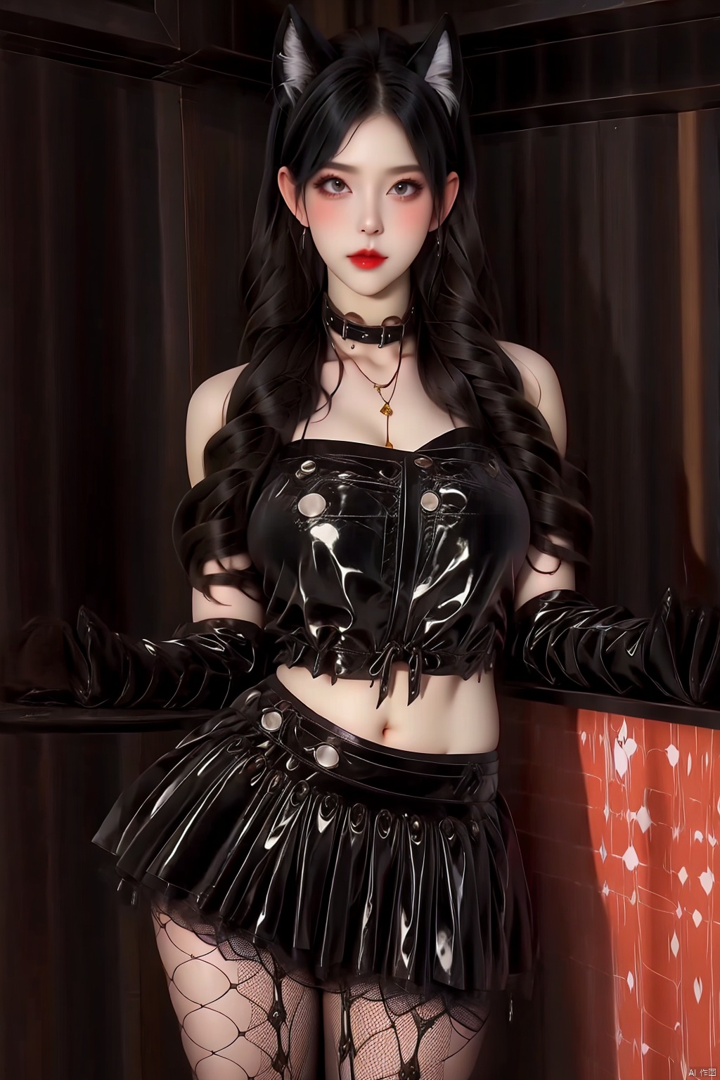 1girl
solo
long hair
skirt
black hair
gloves
navel
animal ears
pantyhose
elbow gloves
midriff
cat ears
collar
fishnets
fishnet pantyhose
gothic




