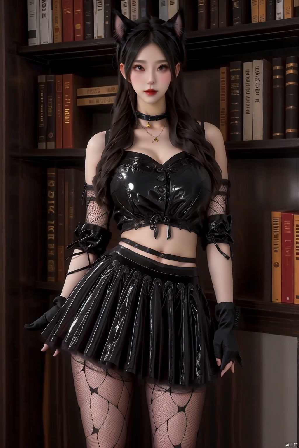 1girl
solo
long hair
skirt
black hair
gloves
navel
animal ears
pantyhose
elbow gloves
midriff
cat ears
collar
fishnets
fishnet pantyhose
gothic




