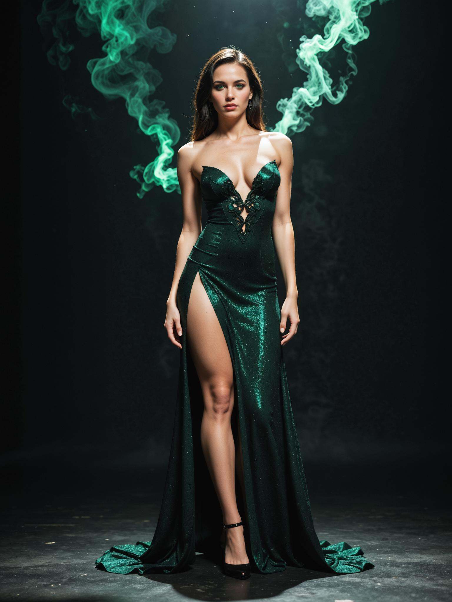 elegant woman in a dark green gown,  with long black hair,  glowing emerald eyes and pale skin. It is a full body shot wit...