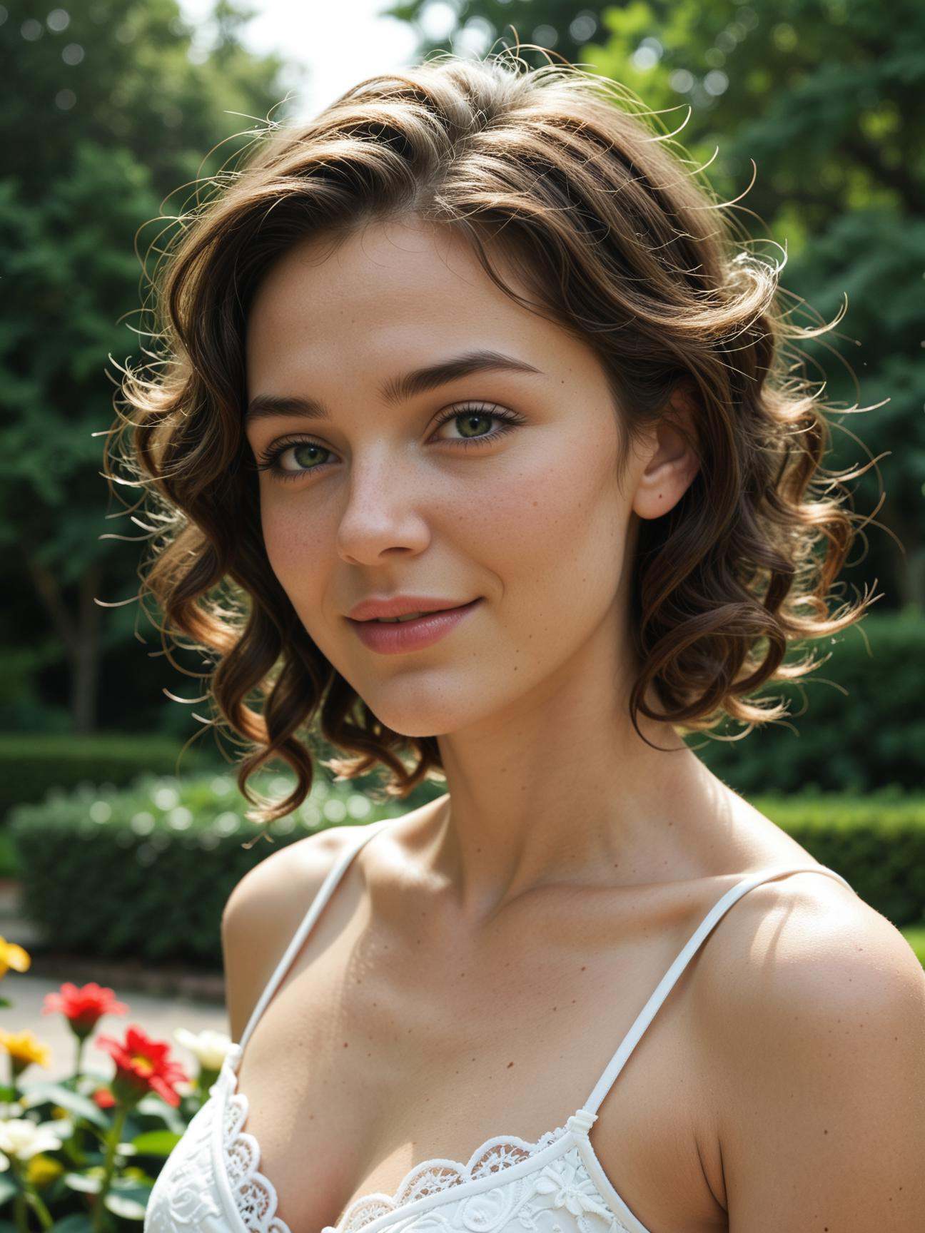 beautiful woman with curly hair. She has a radiant smile and expressive eyes. Her curly hair is voluminous,  cascading aro...