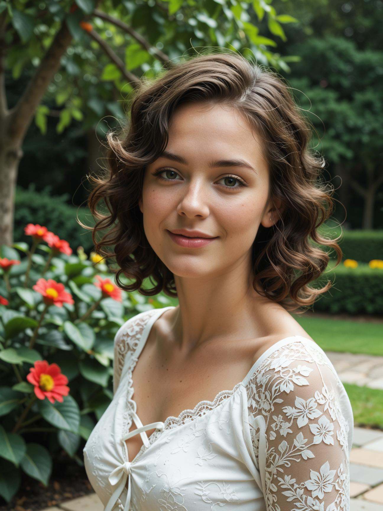 beautiful woman with curly hair. She has a radiant smile and expressive eyes. Her curly hair is voluminous,  cascading aro...