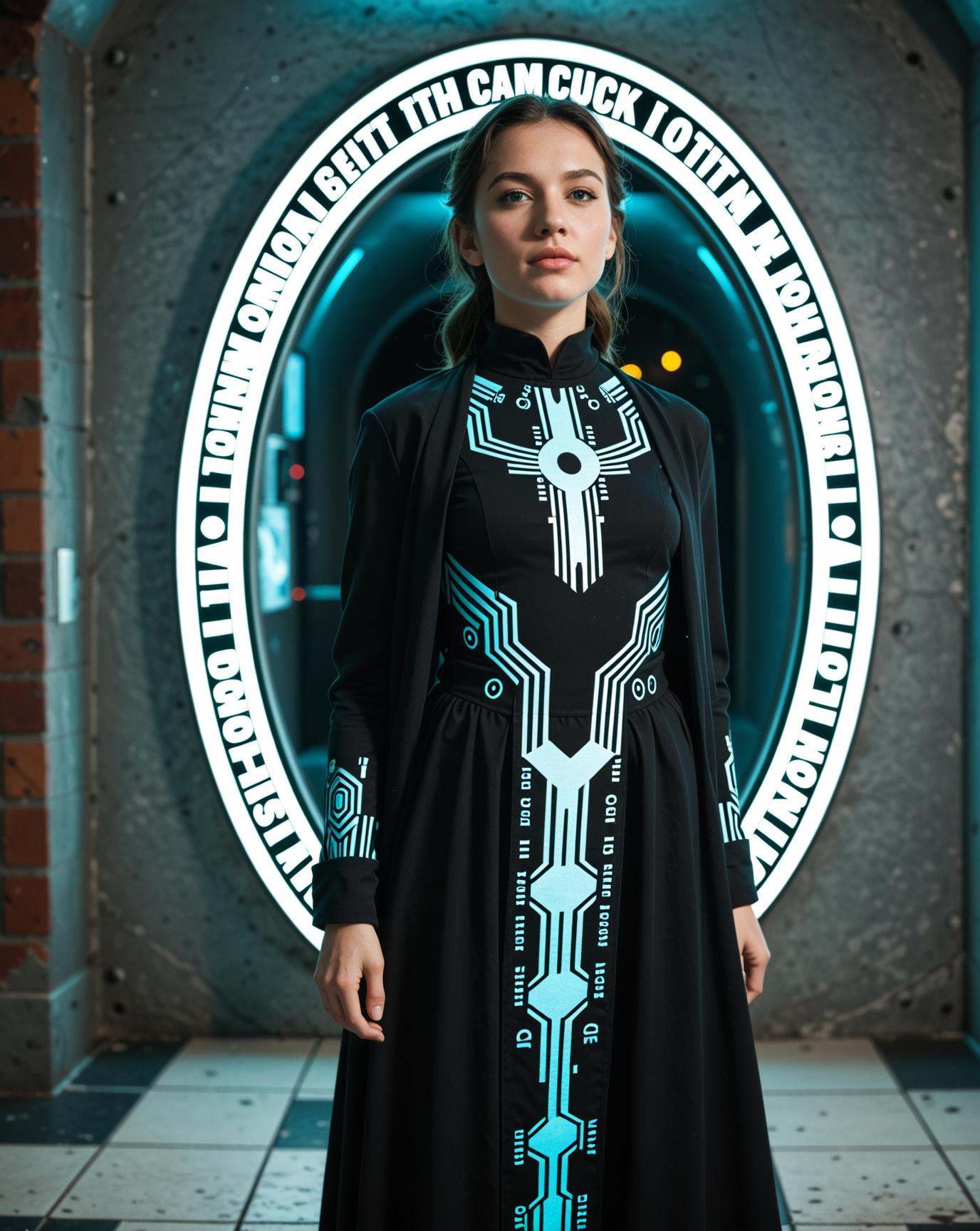 cinematic photo A queen stands at the heart of a colossal,  holographic city,  where towering structures of shimmering dat...