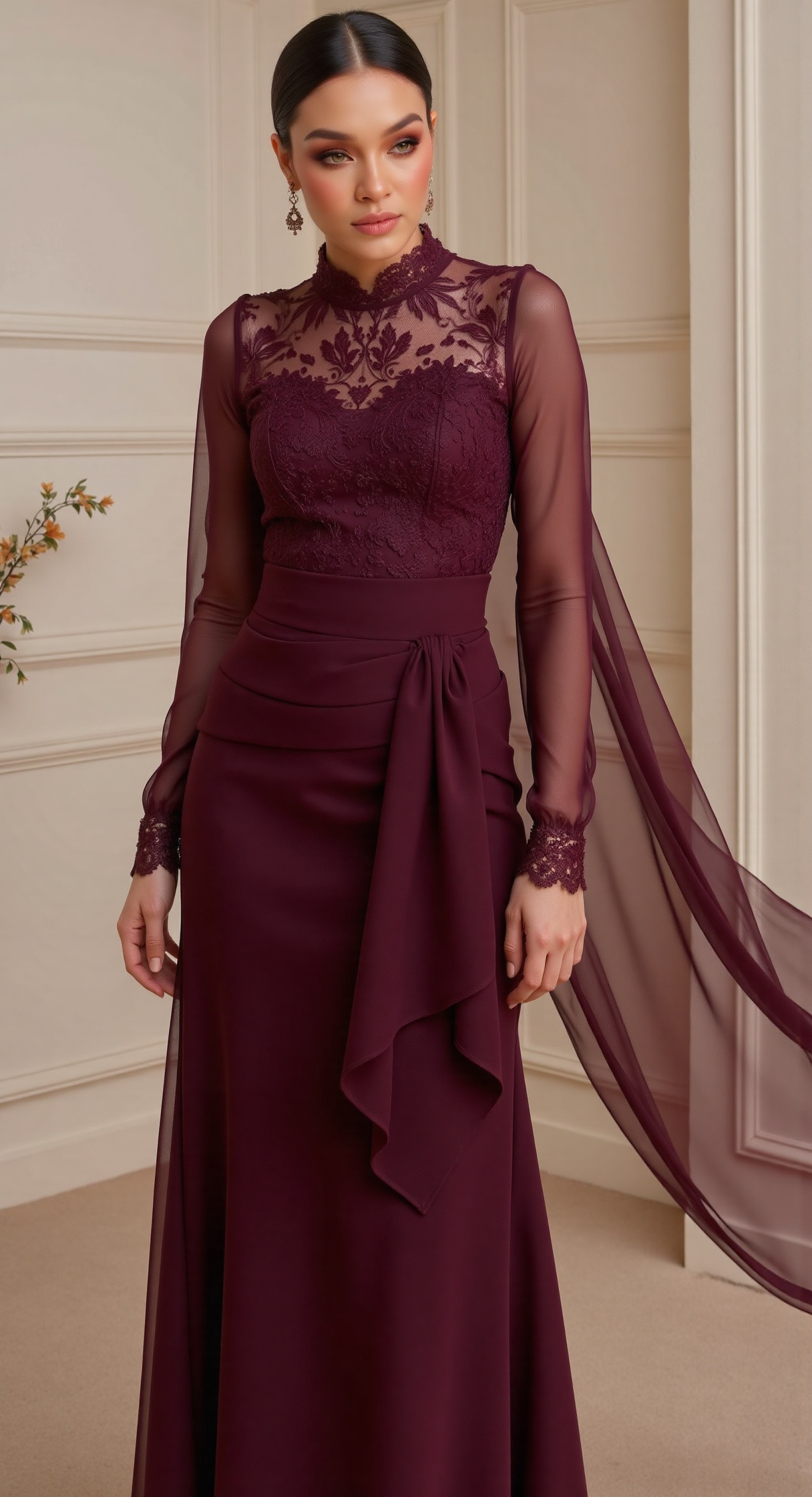 "An elegant woman stands poised in a deep maroon ensemble,  her presence exuding grace and refinement. The fitted lace bod...