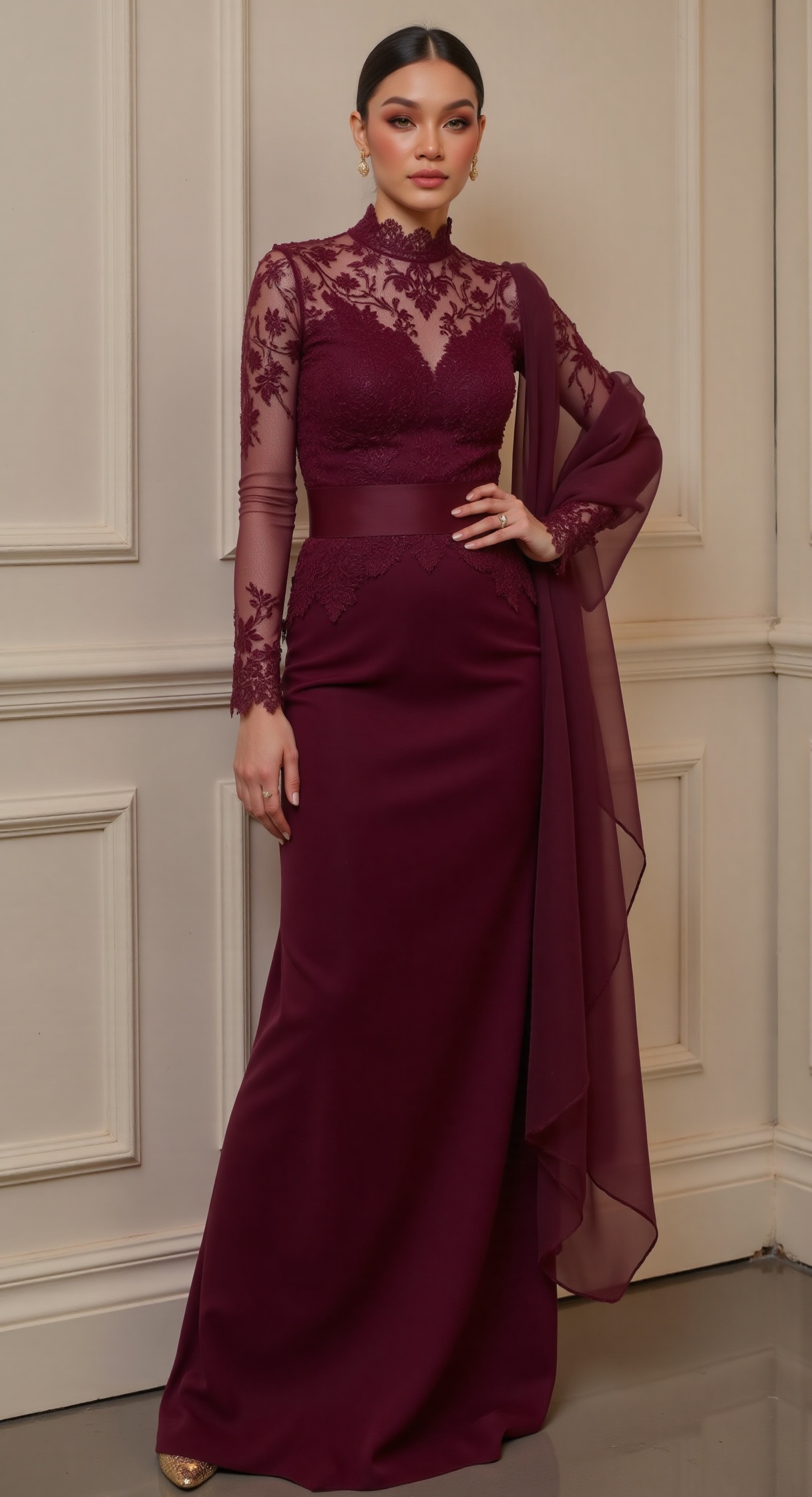 "An elegant woman stands poised in a deep maroon ensemble,  her presence exuding grace and refinement. The fitted lace bod...