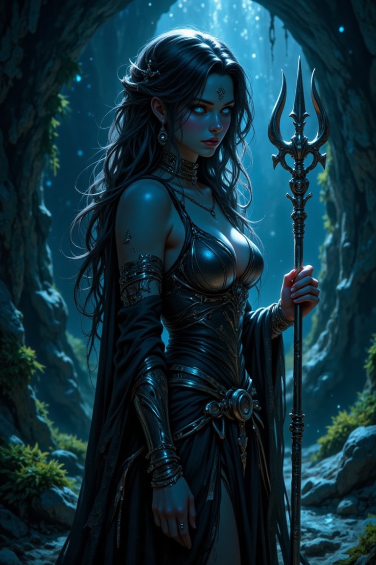 In a dimly lit underwater lair,  Rusalka stands majestically,  her raven-black hair flowing like seaweed in the faint blue...