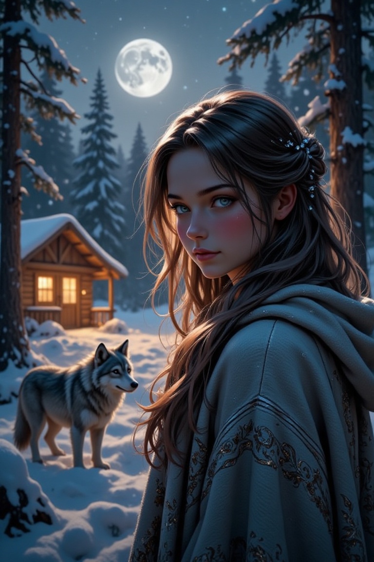 A captivating winter scene: a stunning girl with an alluring smile stands amidst snow-covered trees,  her eyes gleaming un...