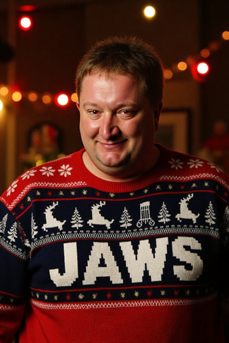 The image is a high-resolution photograph of Colin Lloyd,  wearing a Christmas themed sweater with the words "JAWS" knitte...