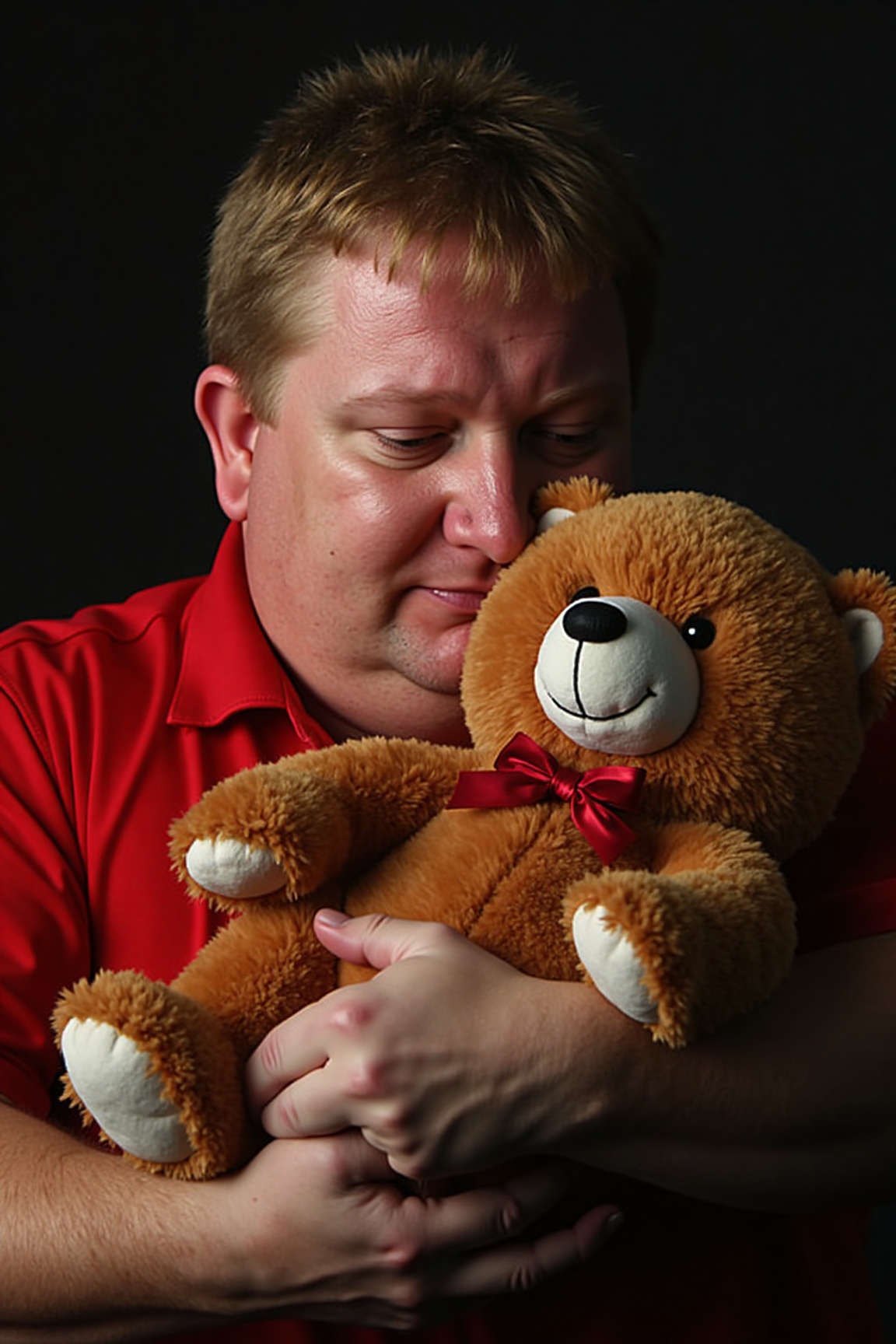 A high-resolution photograph of Colin Lloyd,  cuddling a teddy bear on Tensor.Art